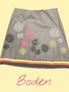 Boden Embroidered A-Line Skirt Floral Gray Size 10P Cotton